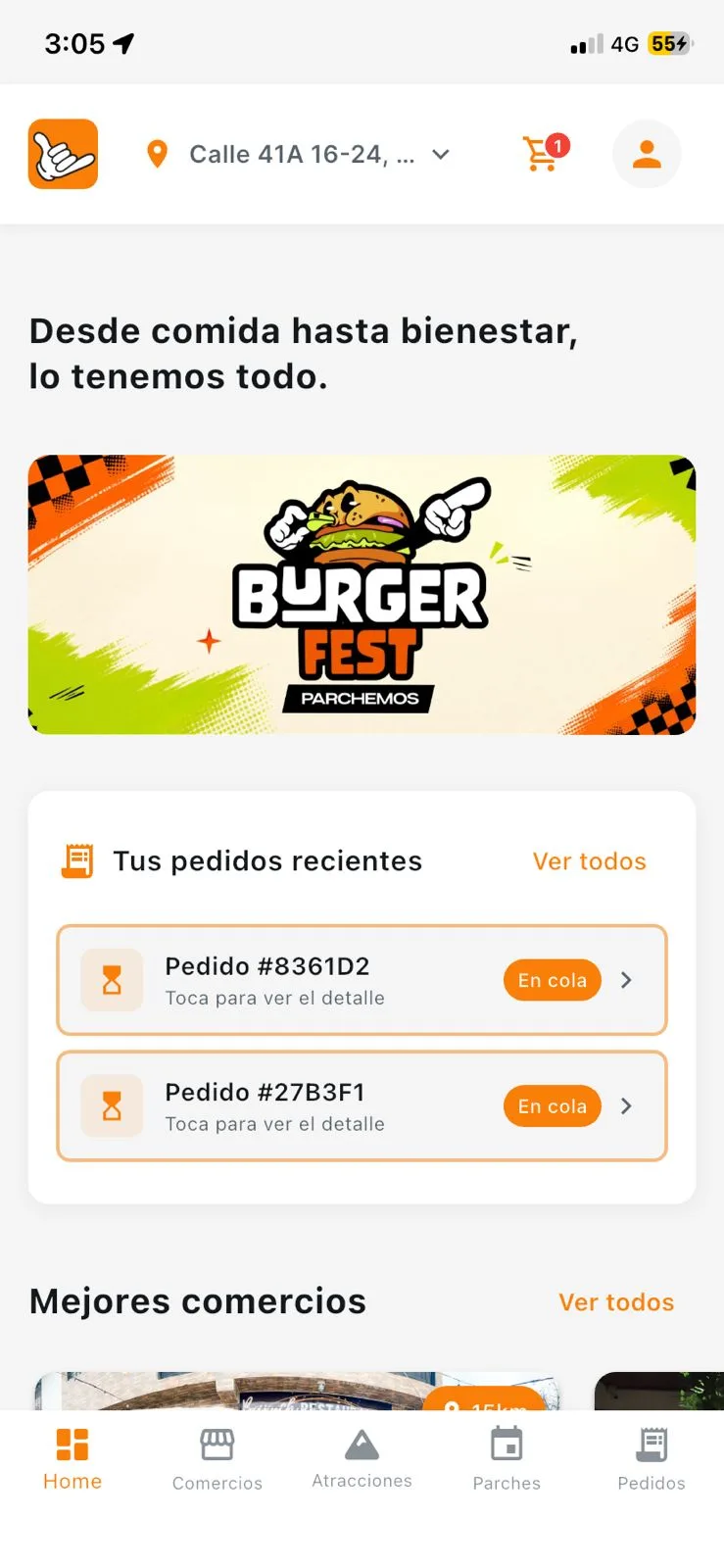 Pantalla principal de Parchemos mostrando comercios y turismo en el Meta